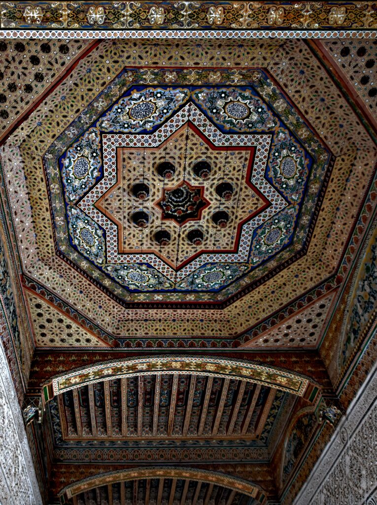Explore the stunning craftsmanship of a traditional mosaic ceiling in Marrakech, Morocco.