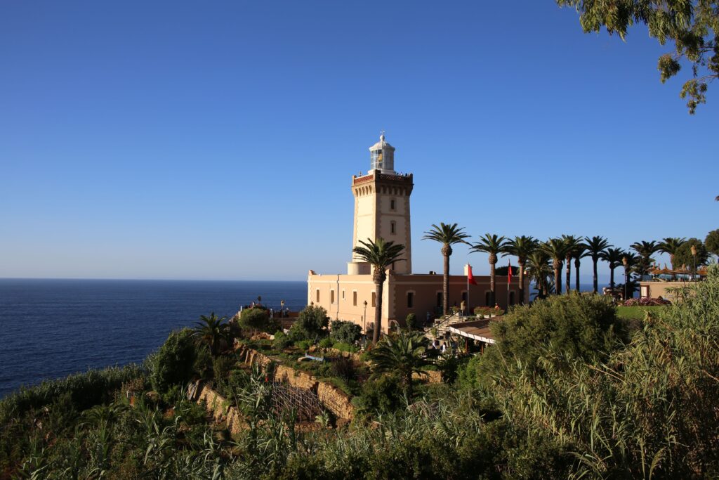 Stunning view of the Cape Spartel Lighthouse in Tangier, Morocco by the sea.
